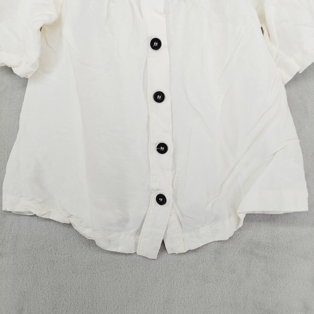 H&M White Linen-Blend Off-Shoulder Blouse Front Buttons Short Puff Sleeves P5763 - Picture 2 of 7